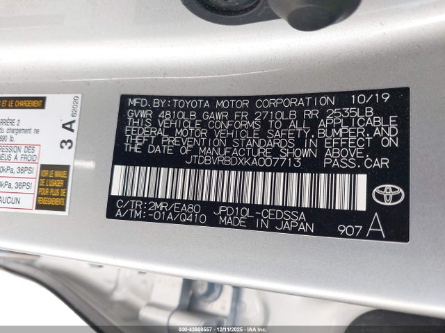 2019 Toyota Mirai მანქანა იყიდება აუქციონზე, vin: JTDBVRBDXKA007713, აუქციონის ნომერი: 43908557