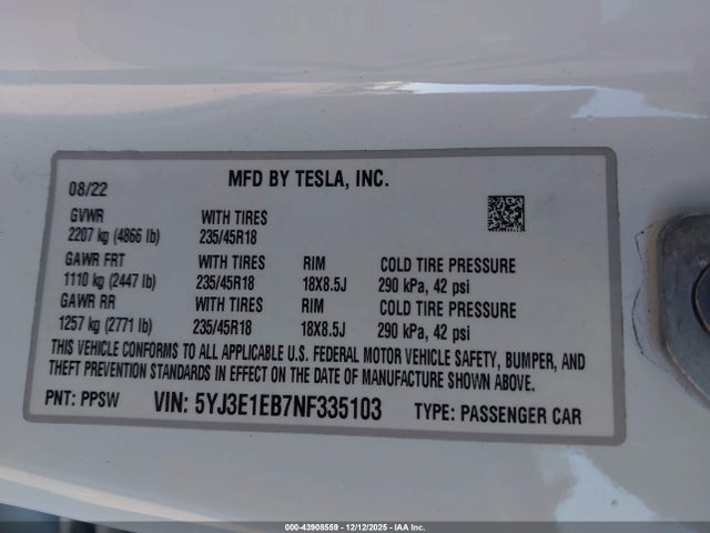 2022 TESLA MODEL 3 5YJ3E1EB7NF335103 Photo 8
