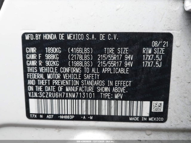 3CZRU6H7XNM713101 Honda Hr-v Awd Ex-l