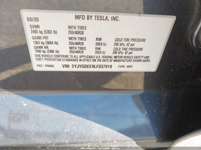 2020 TESLA MODEL Y 5YJYGDEE9LF037919 Photo 8