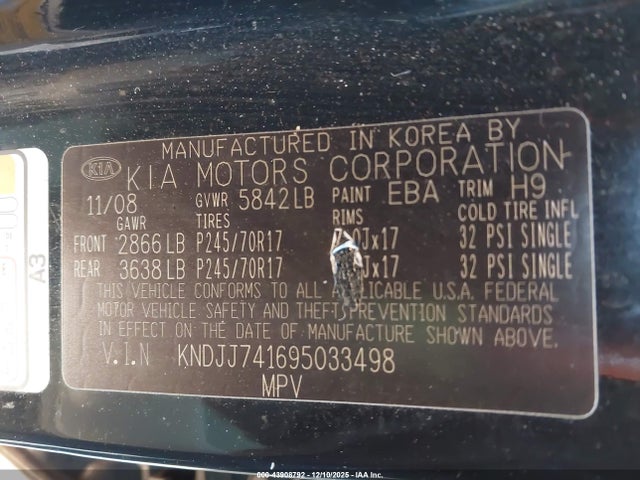 2009 Kia Borrego Lx მანქანა იყიდება აუქციონზე, vin: KNDJJ741695033498, აუქციონის ნომერი: 43908792