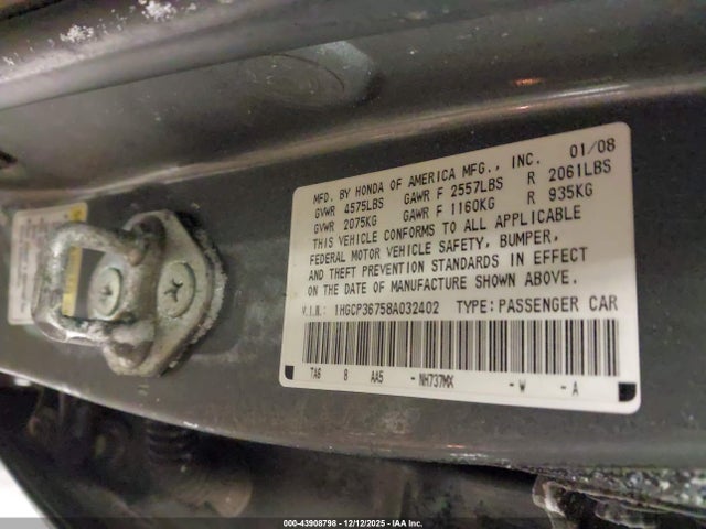 43908798 :رقم المزاد ، 1HGCP36758A032402 vin ، 2008 Honda Accord 3.5 Ex مزاد بيع