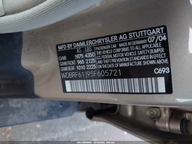 Aukcja sprzedaży 2005 Mercedes-benz C 240 Luxury, vin: WDBRF61J95F605721, numer aukcji: 43908805
