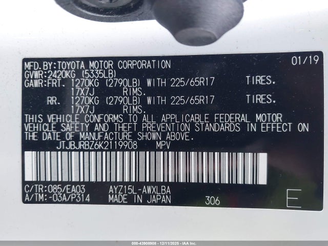 Aukcja sprzedaży 2019 Lexus Nx 300h, vin: JTJBJRBZ6K2119908, numer aukcji: 43908908