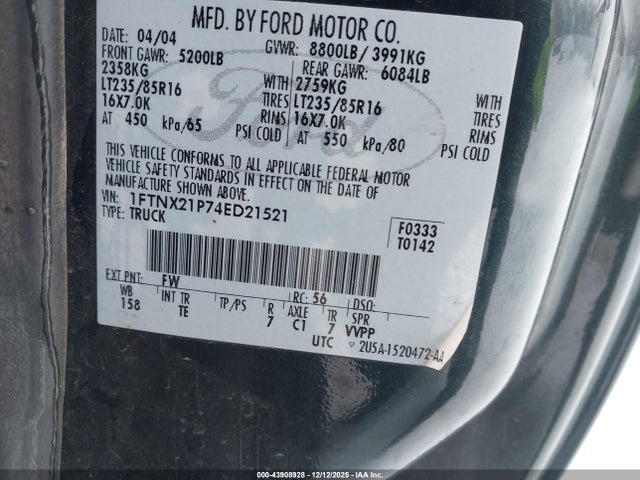 Продаж на аукціоні авто 2004 Ford F-250 Lariat/xl/xlt, vin: 1FTNX21P74ED21521, номер лоту: 43908928