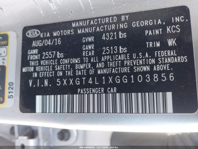 2016 KIA OPTIMA 5XXGT4L1XGG103856 Photo 8