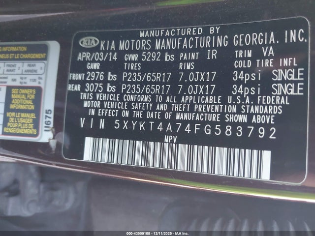 5XYKT4A74FG583792 KIA Sorento Lx V6