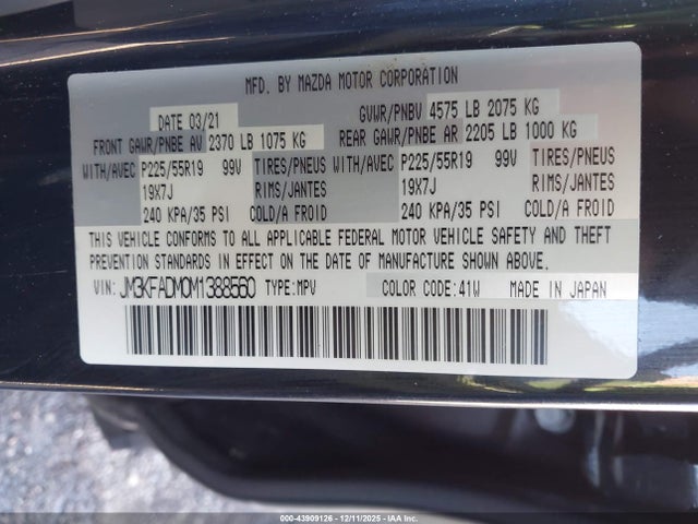 43909126 :رقم المزاد ، JM3KFADM0M1388560 vin ، 2021 Mazda Cx-5 Grand Touring مزاد بيع