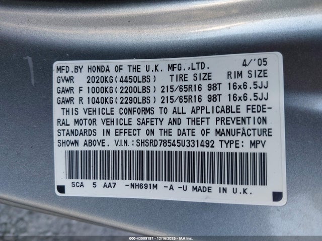 2005 Honda Cr-v Lx მანქანა იყიდება აუქციონზე, vin: SHSRD78545U331492, აუქციონის ნომერი: 43909197