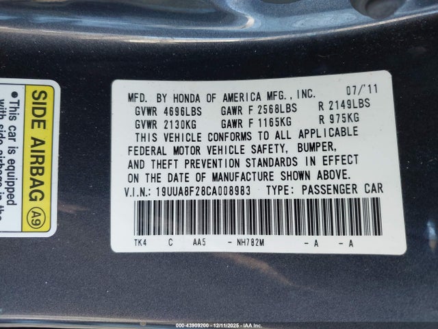 Продажа на аукционе авто 2012 Acura Tl 3.5, vin: 19UUA8F28CA008983, номер лота: 43909200