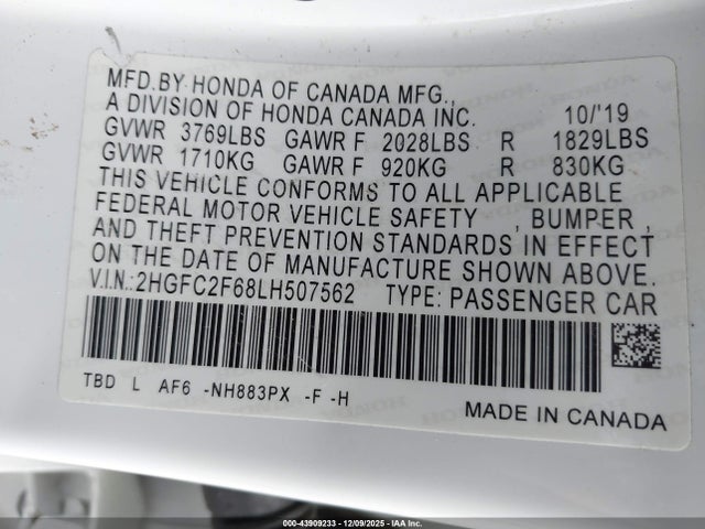 Honda k20c2 2020 2HGFC2F68LH507562 Image 9