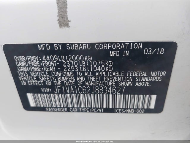 Subaru Wrx Premium 2018 JF1VA1C62J8834627 Image 9