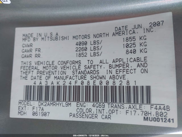 Продажа на аукционе авто 2008 Mitsubishi Eclipse Gs, vin: 4A3AK24F08E008281, номер лота: 43909379