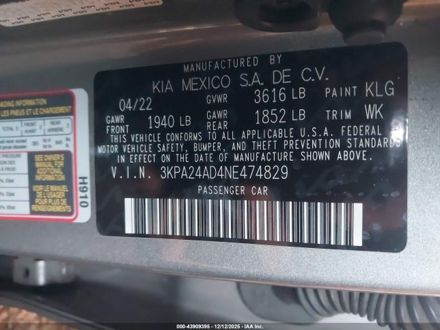 3KPA24AD4NE474829 KIA RIO S