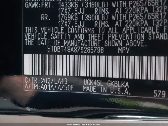 2007 TOYOTA SEQUOIA 5TDBT48A87S285798 Photo 8