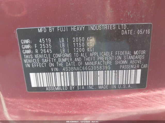Subaru Legacy 2.5i Premium 2016 4S3BNAC66G3058395 Image 9
