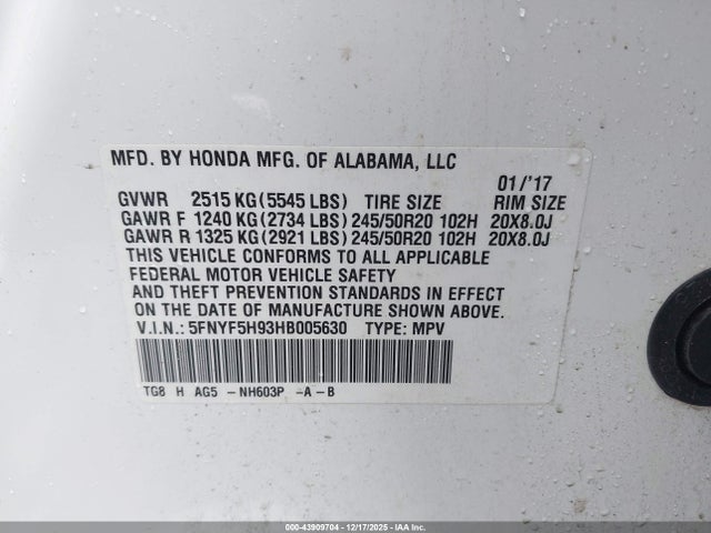 Aukcja sprzedaży 2017 Honda Pilot Touring, vin: 5FNYF5H93HB005630, numer aukcji: 43909704