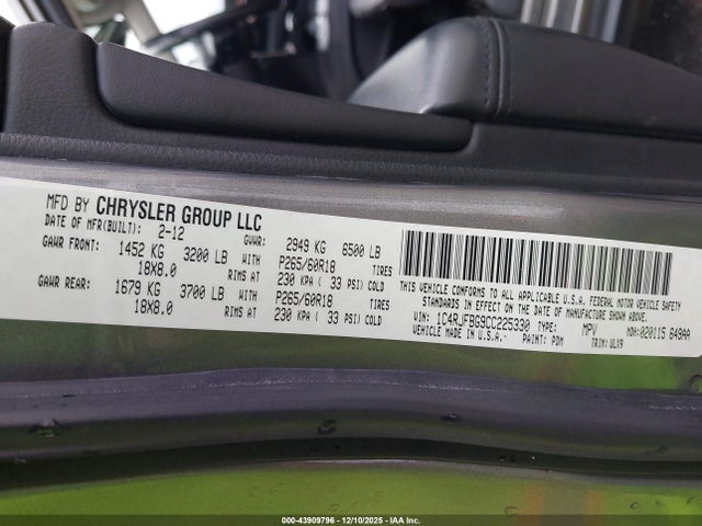 Aukcja sprzedaży 2012 Jeep Grand Cherokee Limited, vin: 1C4RJFBG9CC225330, numer aukcji: 43909796