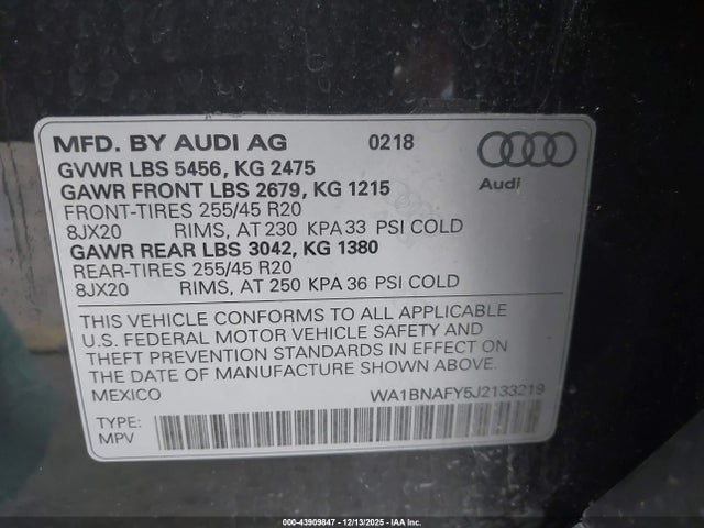 WA1BNAFY5J2133219 Audi Q5 2.0t Premium/2.0t Tech Premium