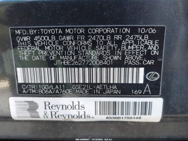 2007 LEXUS IS 350 JTHBE262772008401 Photo 8