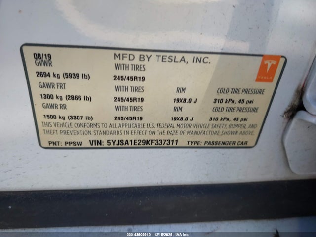 2019 TESLA MODEL S 5YJSA1E29KF337311 Photo 8