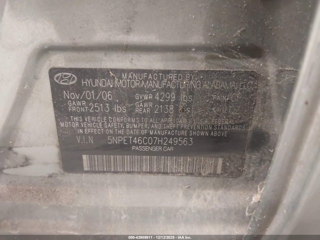 2007 Hyundai Sonata Gls მანქანა იყიდება აუქციონზე, vin: 5NPET46C07H249563, აუქციონის ნომერი: 43909911