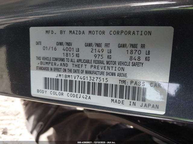 43909921 :رقم المزاد ، JM1BM1V74G1327515 vin ، 2016 Mazda Mazda3 I Touring مزاد بيع