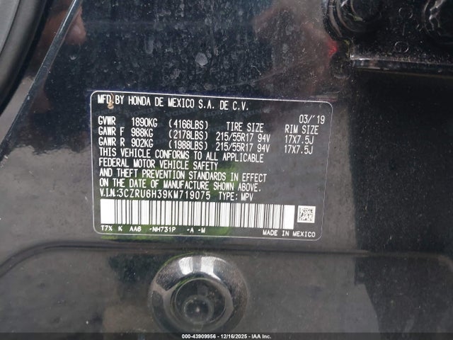 3CZRU6H39KM719075 Honda HR-V LX