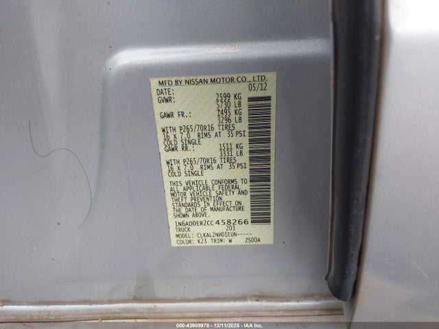 43909978 :رقم المزاد ، 1N6AD0ER2CC458266 vin ، 2012 Nissan Frontier Sv مزاد بيع