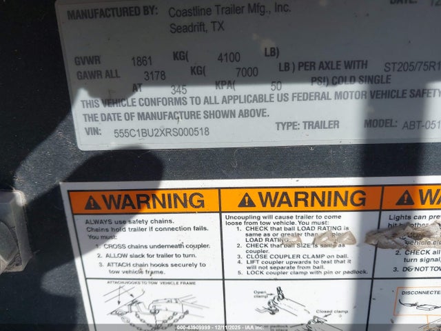 Продажа на аукционе авто 2024 Coastline Boat Trailer, vin: 555C1BU2XRS000518, номер лота: 43909999