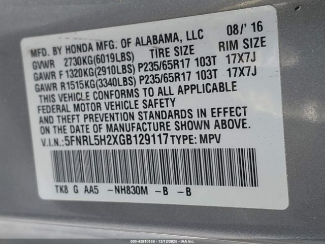 2016 HONDA ODYSSEY 5FNRL5H2XGB129117 Photo 8