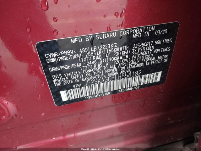 Aukcja sprzedaży 2020 Subaru Forester Premium, vin: JF2SKAGC5LH554182, numer aukcji: 43910286