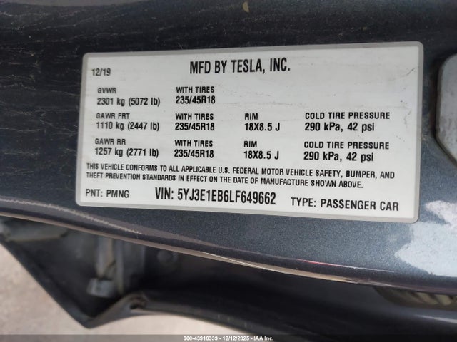 Продаж на аукціоні авто 2020 Tesla Model 3 Long Range Dual Motor All-wheel Drive, vin: 5YJ3E1EB6LF649662, номер лоту: 43910339