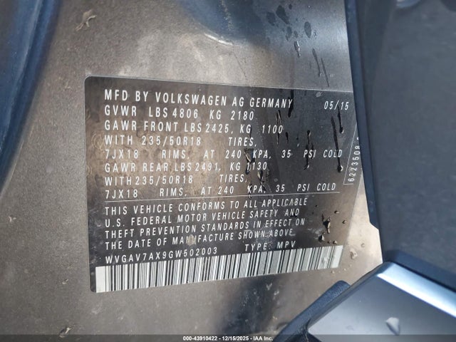 Продаж на аукціоні авто 2016 Volkswagen Tiguan Se, vin: WVGAV7AX9GW502003, номер лоту: 43910422