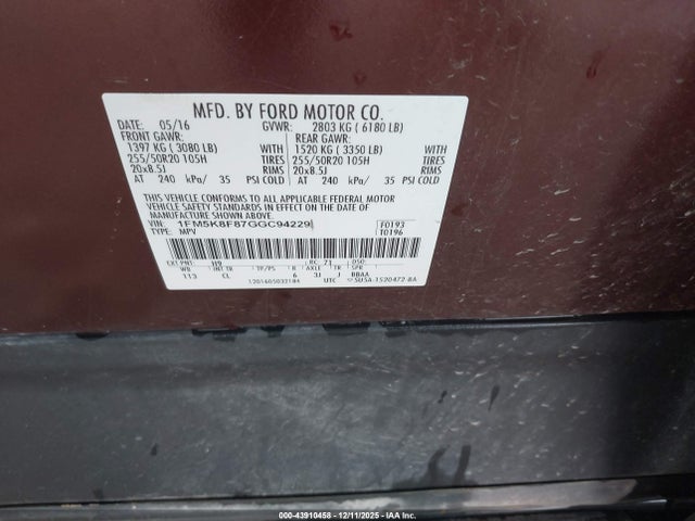 1FM5K8F87GGC94229 Ford Explorer Limited