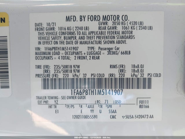 Ford Mustang Ecoboost Premium Fastback 2021 1FA6P8TH1M5141907 Image 9