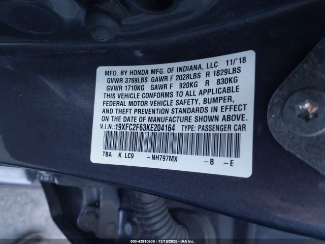 Honda k20c2 2019 19XFC2F63KE204164 Image 9