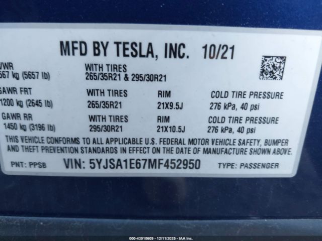 2021 TESLA MODEL S 5YJSA1E67MF452950 Photo 8