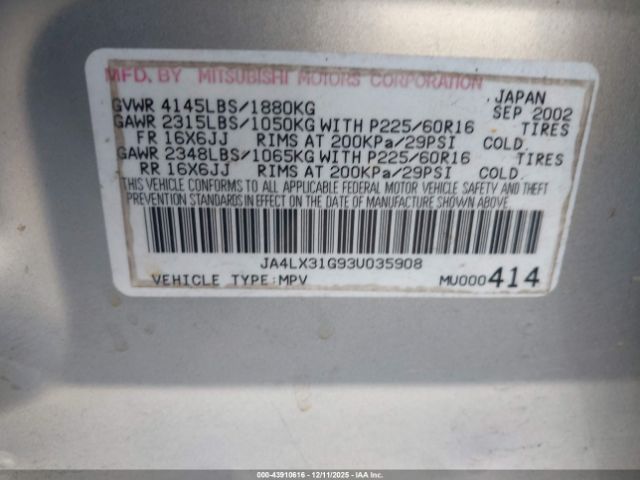 2003 MITSUBISHI OUTLANDER JA4LX31G93U035908 Photo 8