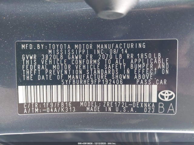 5YFBURHE9FP192406 Toyota 2zr-fe