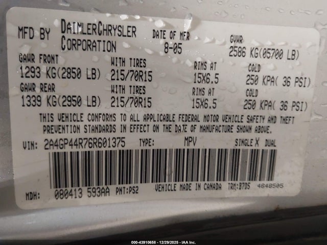 2006 Chrysler Town & Country Lx მანქანა იყიდება აუქციონზე, vin: 2A4GP44R76R601375, აუქციონის ნომერი: 43910658