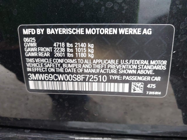 2025 Bmw 330i მანქანა იყიდება აუქციონზე, vin: 3MW69CW00S8F72510, აუქციონის ნომერი: 43910661
