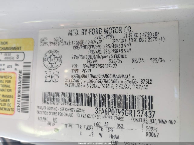 Ford FUSION SE 2016 3FA6P0T99GR137437 Image 9