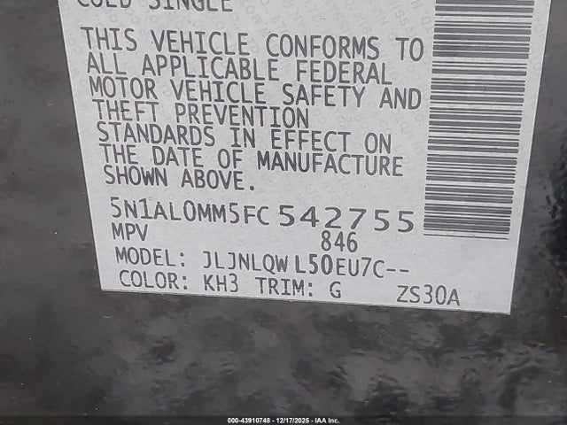 Aukcja sprzedaży 2015 Infiniti Qx60, vin: 5N1AL0MM5FC542755, numer aukcji: 43910748