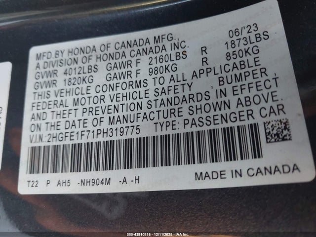 Honda Civic Ex/ex W/o Bsi 2023 2HGFE1F71PH319775 Image 9