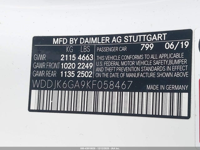 Aukcja sprzedaży 2019 Mercedes-benz Sl 450, vin: WDDJK6GA9KF058467, numer aukcji: 43910828