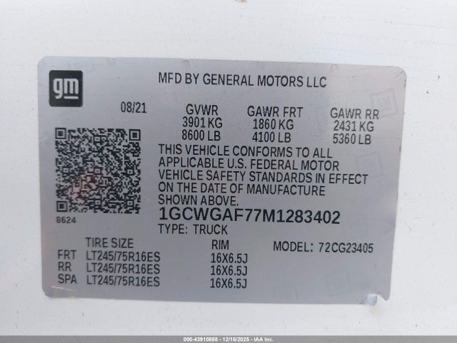1GCWGAF77M1283402 Chevrolet Express Cargo Rwd 2500 Regular Wheelbase Wt
