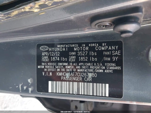 43910937 :رقم المزاد ، KMHCU4AE7CU267180 vin ، 2012 Hyundai Accent Gls مزاد بيع
