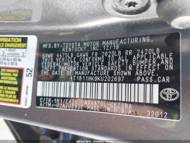 4T1B11HK9KU202697 Toyota CAMRY SE