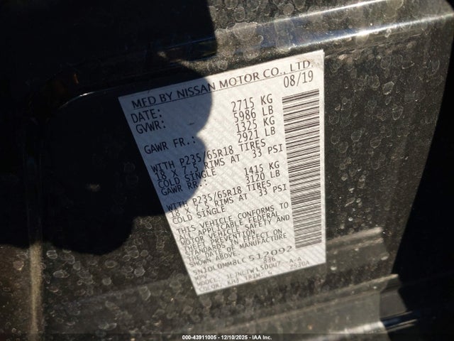 43911005 :رقم المزاد ، 5N1DL0MM8LC512092 vin ، 2020 Infiniti Qx60 Luxe Awd مزاد بيع